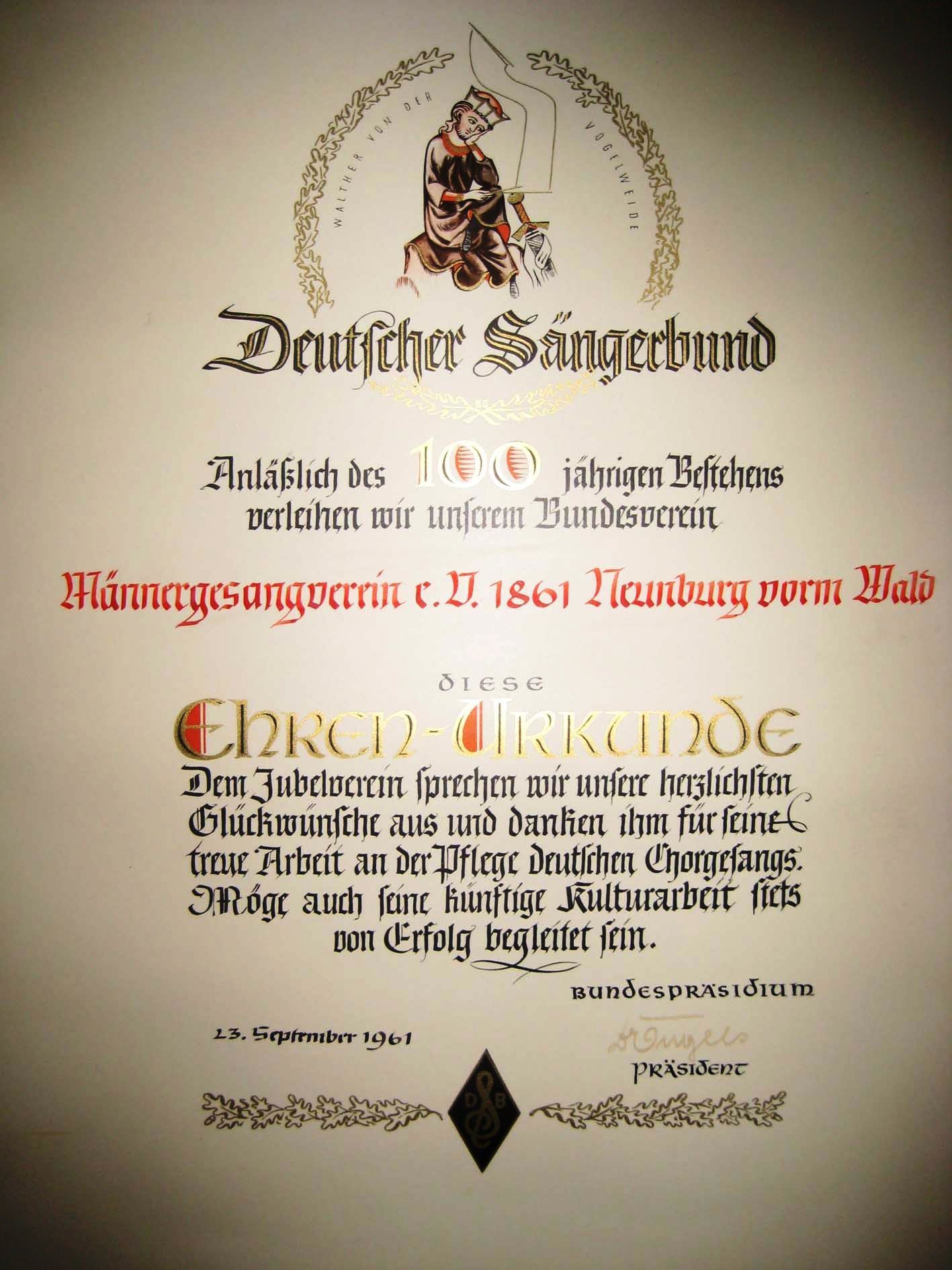 Urkunde 100 Jahre